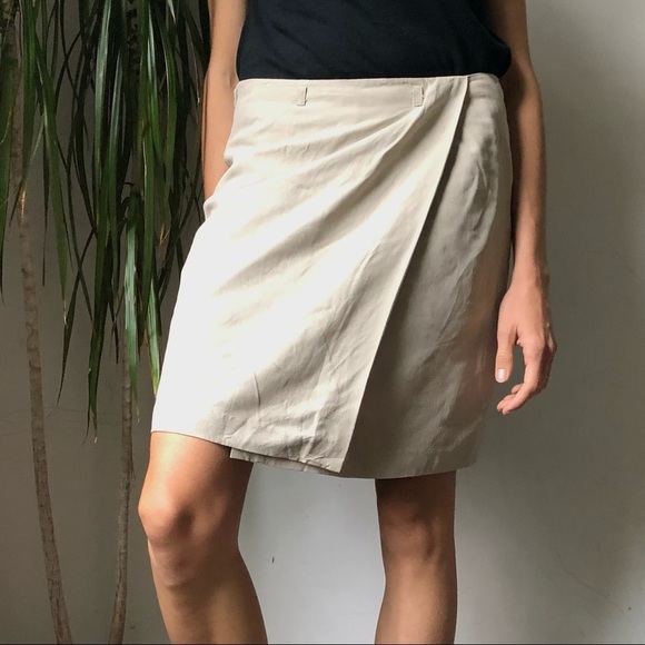 TAILOR B.Moss Women’s Silk Linen Tan Faux Wrap Mini Skirt Size 6 - Picture 3 of 15